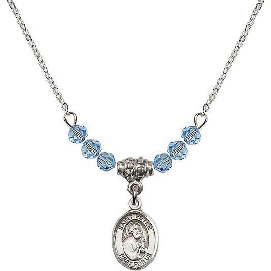 Sterling Silver Saint Peter the Apostle Birthstone Necklace with Aqua Beads - 9090