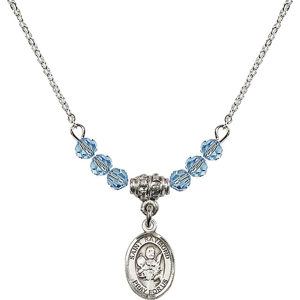 Sterling Silver Saint Raymond Nonnatus Birthstone Necklace with Aqua Beads - 9091