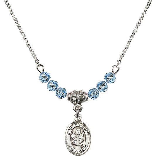 Sterling Silver Saint Raymond Nonnatus Birthstone Necklace with Aqua Beads - 9091