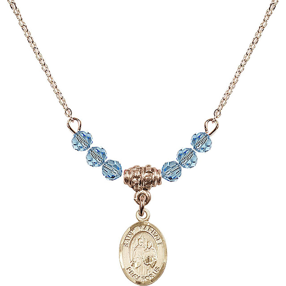 14kt Gold Filled Saint Raphael the Archangel Birthstone Necklace with Aqua Beads - 9092