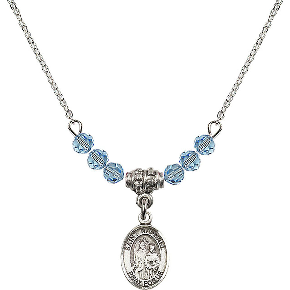 Sterling Silver Saint Raphael the Archangel Birthstone Necklace with Aqua Beads - 9092