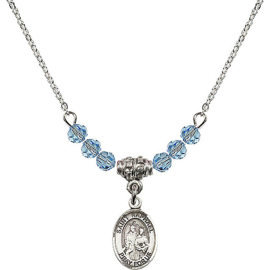 Sterling Silver Saint Raphael the Archangel Birthstone Necklace with Aqua Beads - 9092