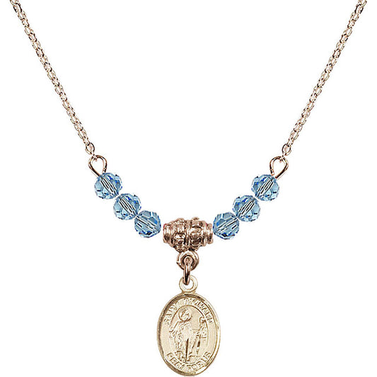14kt Gold Filled Saint Richard Birthstone Necklace with Aqua Beads - 9093