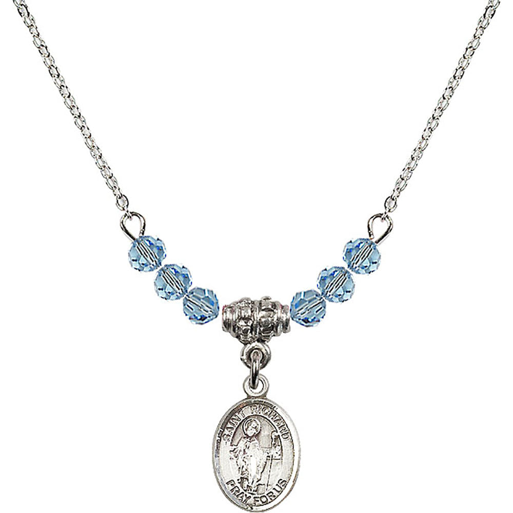 Sterling Silver Saint Richard Birthstone Necklace with Aqua Beads - 9093