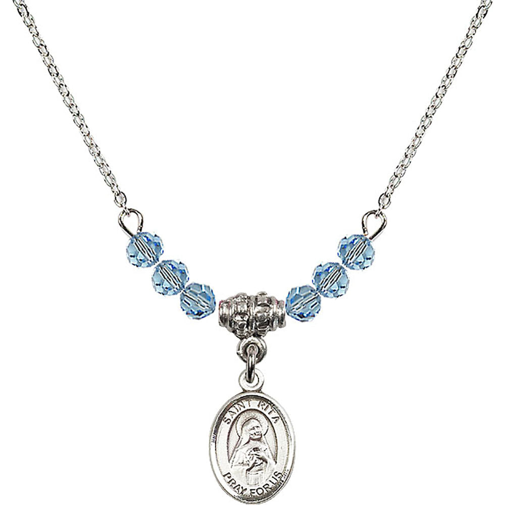 Sterling Silver Saint Rita of Cascia Birthstone Necklace with Aqua Beads - 9094
