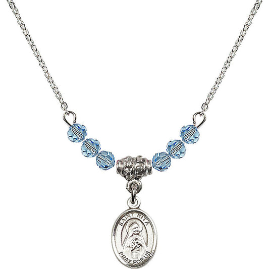 Sterling Silver Saint Rita of Cascia Birthstone Necklace with Aqua Beads - 9094
