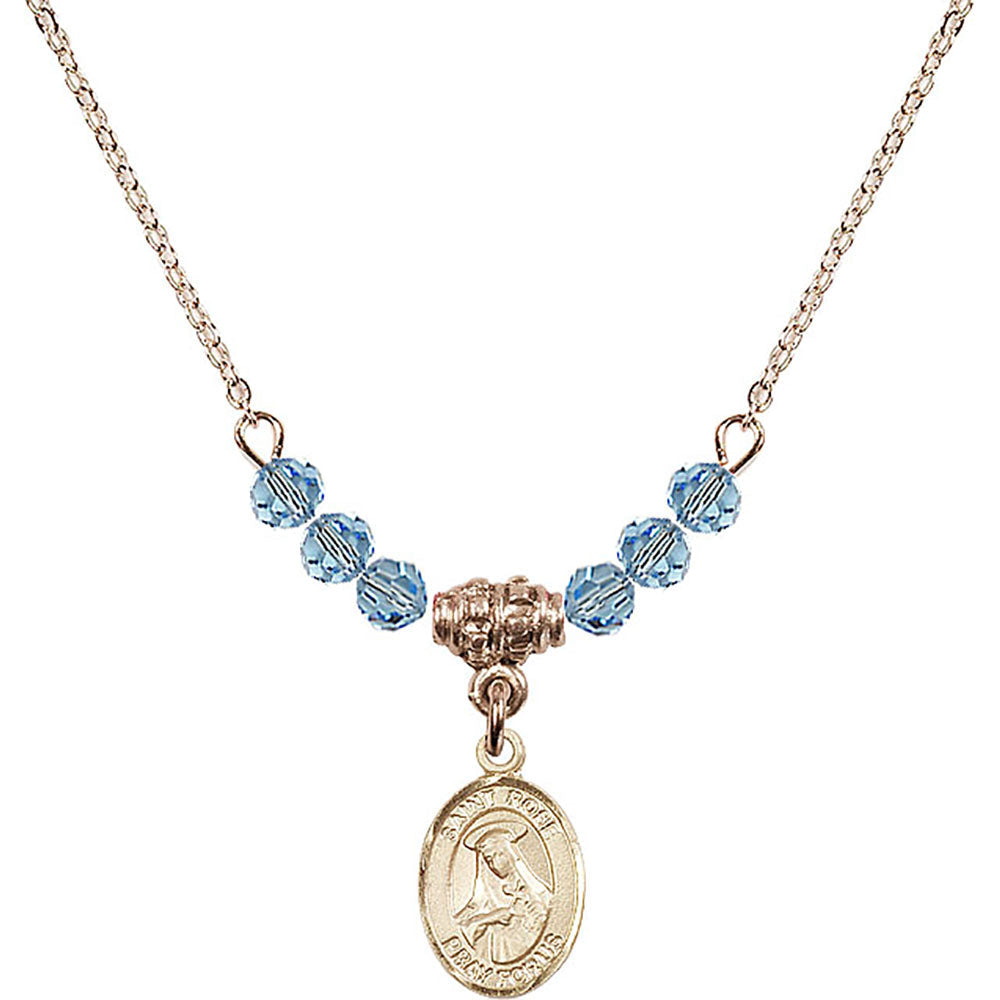 14kt Gold Filled Saint Rose of Lima Birthstone Necklace with Aqua Beads - 9095