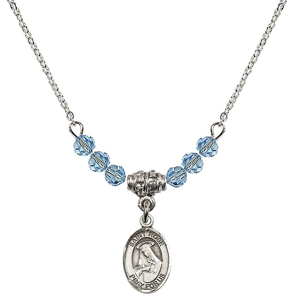 Sterling Silver Saint Rose of Lima Birthstone Necklace with Aqua Beads - 9095