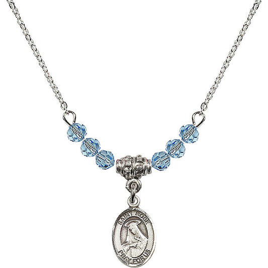 Sterling Silver Saint Rose of Lima Birthstone Necklace with Aqua Beads - 9095
