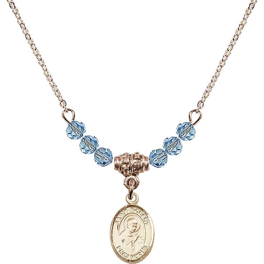 14kt Gold Filled Saint Robert Bellarmine Birthstone Necklace with Aqua Beads - 9096