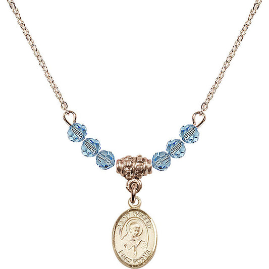14kt Gold Filled Saint Robert Bellarmine Birthstone Necklace with Aqua Beads - 9096