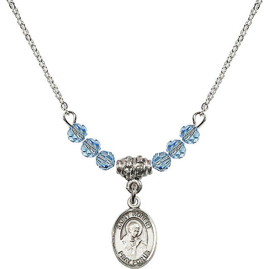 Sterling Silver Saint Robert Bellarmine Birthstone Necklace with Aqua Beads - 9096