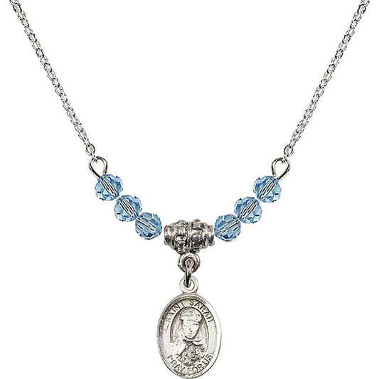 Sterling Silver Saint Sarah Birthstone Necklace with Aqua Beads - 9097