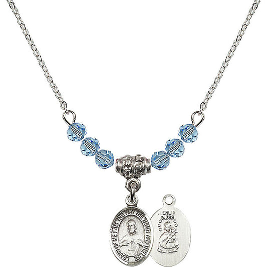 Sterling Silver Scapular Birthstone Necklace with Aqua Beads - 9098