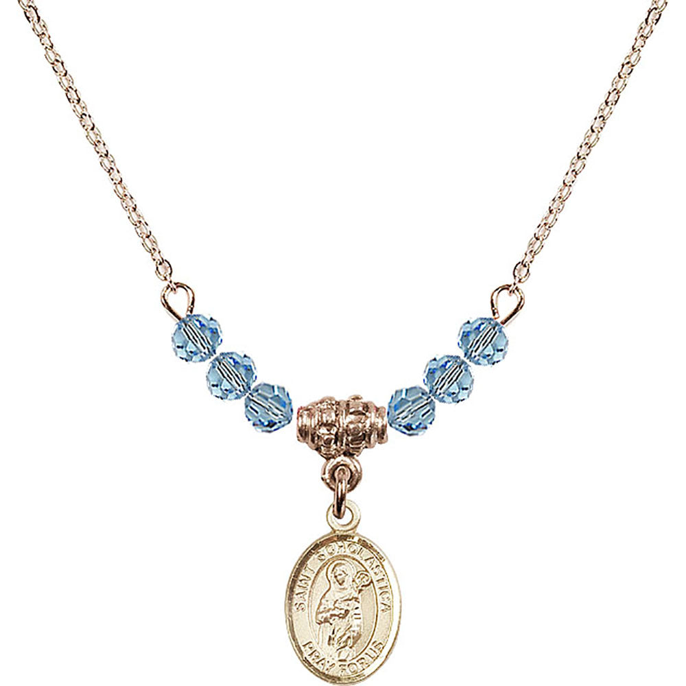 14kt Gold Filled Saint Scholastica Birthstone Necklace with Aqua Beads - 9099