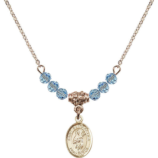14kt Gold Filled Saint Scholastica Birthstone Necklace with Aqua Beads - 9099