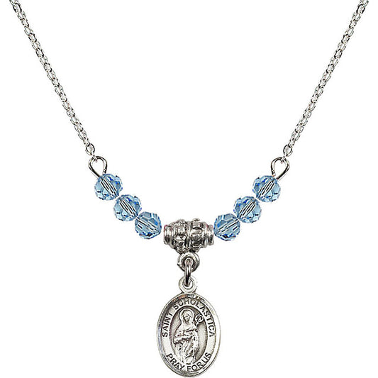 Sterling Silver Saint Scholastica Birthstone Necklace with Aqua Beads - 9099