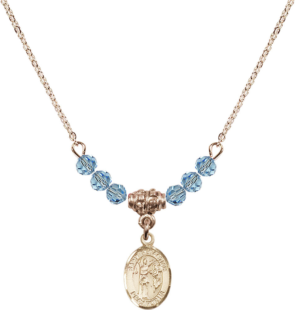 14kt Gold Filled Saint Sebastian Birthstone Necklace with Aqua Beads - 9100