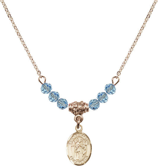 14kt Gold Filled Saint Sebastian Birthstone Necklace with Aqua Beads - 9100