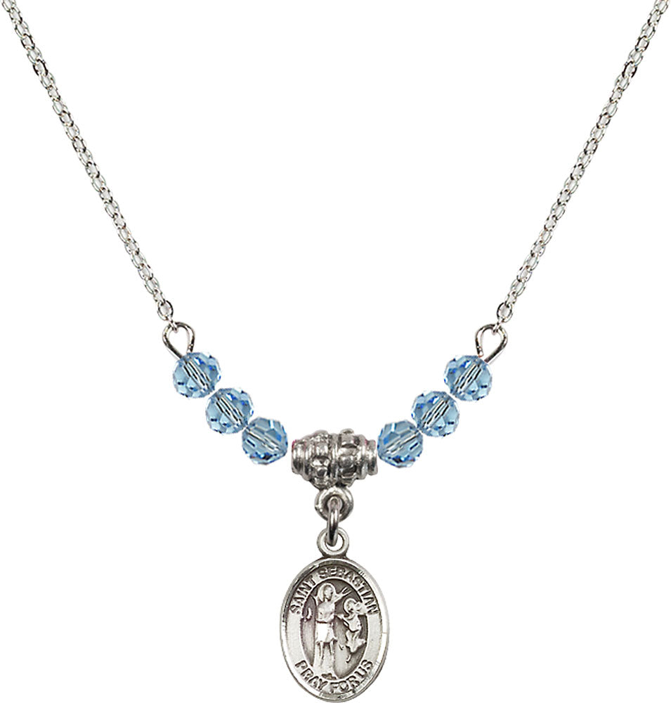 Sterling Silver Saint Sebastian Birthstone Necklace with Aqua Beads - 9100