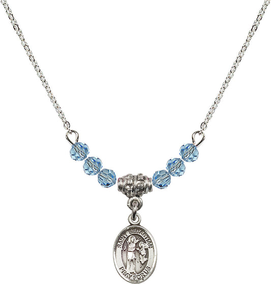 Sterling Silver Saint Sebastian Birthstone Necklace with Aqua Beads - 9100