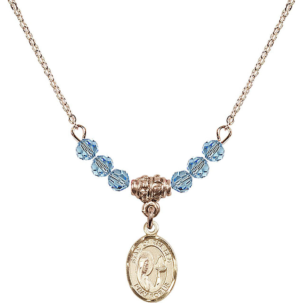 14kt Gold Filled Our Lady Star of the Sea Birthstone Necklace with Aqua Beads - 9101