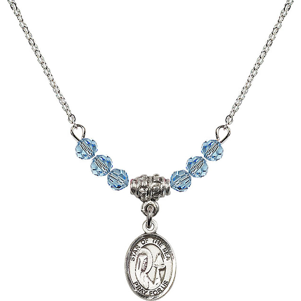 Sterling Silver Our Lady Star of the Sea Birthstone Necklace with Aqua Beads - 9101