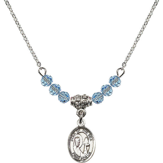 Sterling Silver Our Lady Star of the Sea Birthstone Necklace with Aqua Beads - 9101