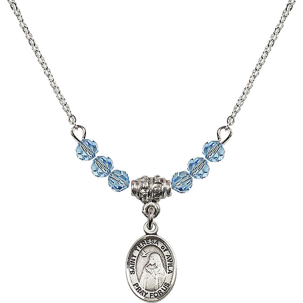 Sterling Silver Saint Teresa of Avila Birthstone Necklace with Aqua Beads - 9102