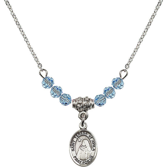 Sterling Silver Saint Teresa of Avila Birthstone Necklace with Aqua Beads - 9102