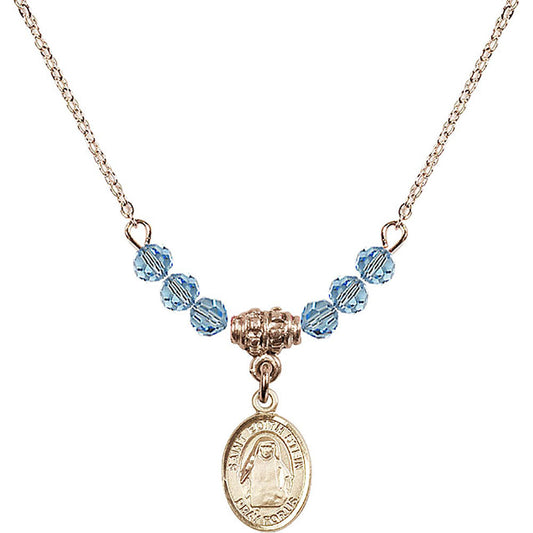 14kt Gold Filled Saint Edith Stein Birthstone Necklace with Aqua Beads - 9103
