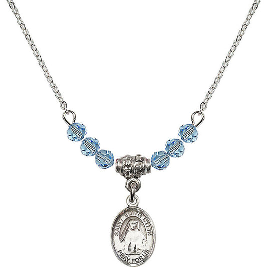 Sterling Silver Saint Edith Stein Birthstone Necklace with Aqua Beads - 9103