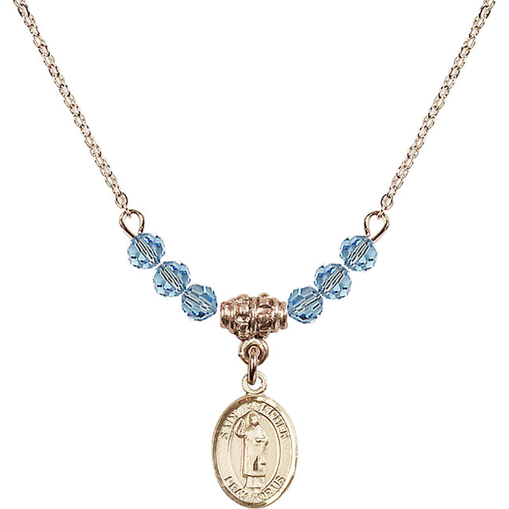 14kt Gold Filled Saint Stephen the Martyr Birthstone Necklace with Aqua Beads - 9104