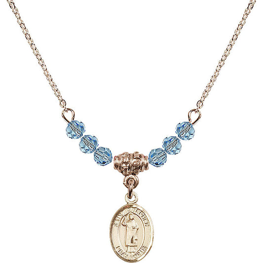 14kt Gold Filled Saint Stephen the Martyr Birthstone Necklace with Aqua Beads - 9104