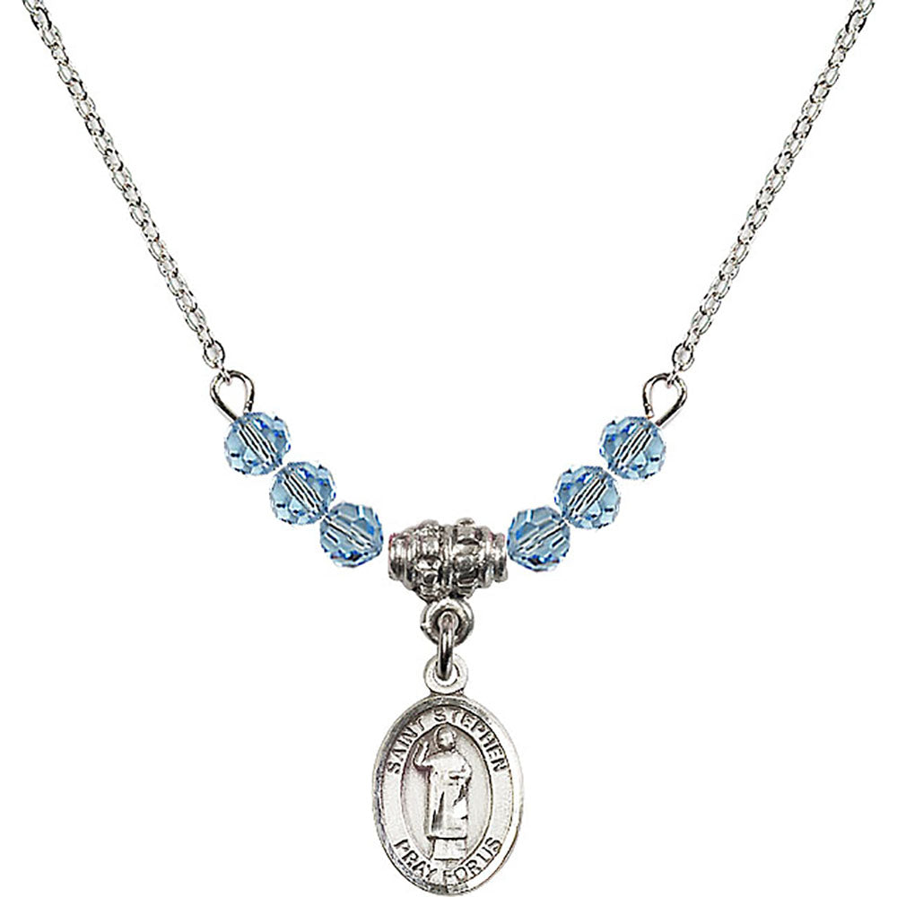 Sterling Silver Saint Stephen the Martyr Birthstone Necklace with Aqua Beads - 9104