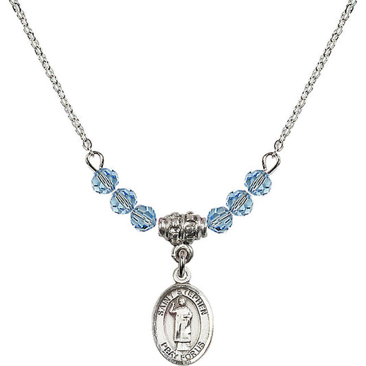 Sterling Silver Saint Stephen the Martyr Birthstone Necklace with Aqua Beads - 9104