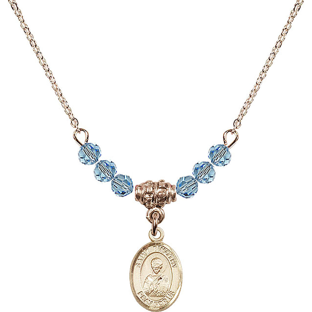 14kt Gold Filled Saint Timothy Birthstone Necklace with Aqua Beads - 9105