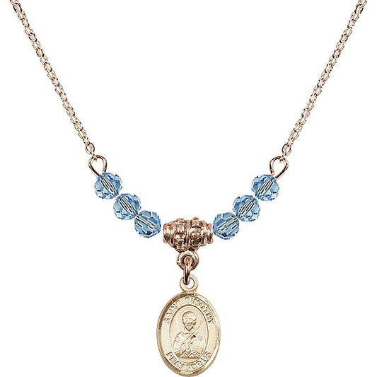14kt Gold Filled Saint Timothy Birthstone Necklace with Aqua Beads - 9105
