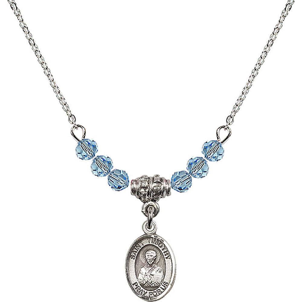Sterling Silver Saint Timothy Birthstone Necklace with Aqua Beads - 9105