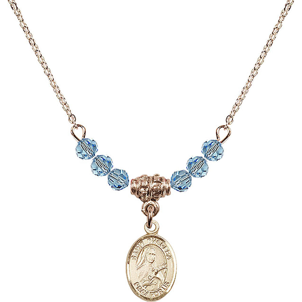 14kt Gold Filled Saint Theresa Birthstone Necklace with Aqua Beads - 9106