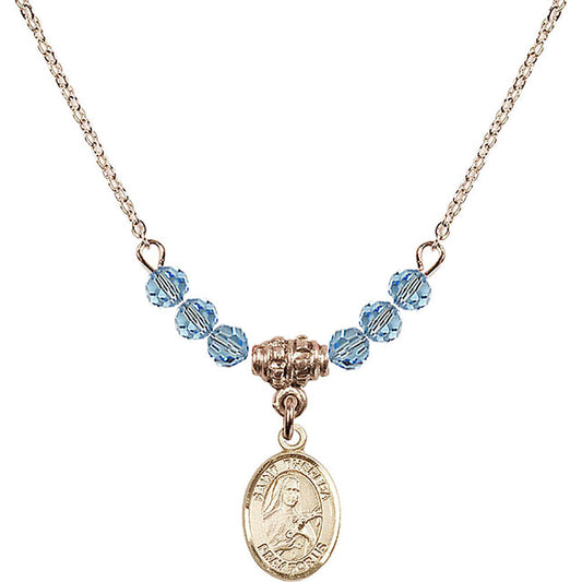 14kt Gold Filled Saint Theresa Birthstone Necklace with Aqua Beads - 9106