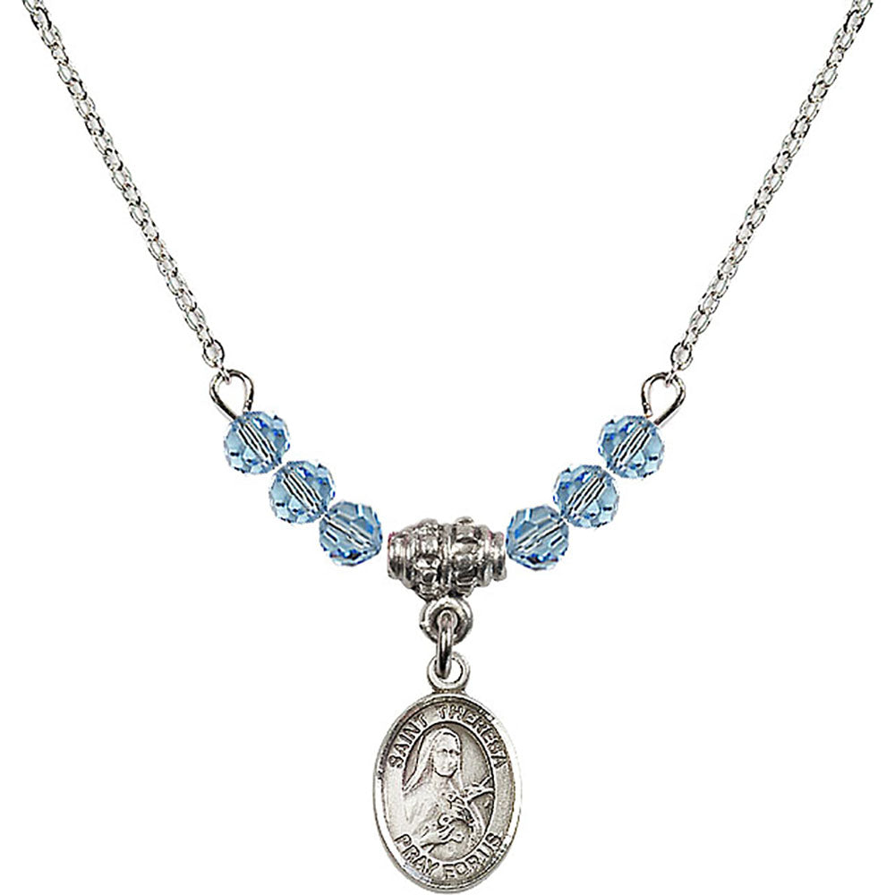 Sterling Silver Saint Theresa Birthstone Necklace with Aqua Beads - 9106
