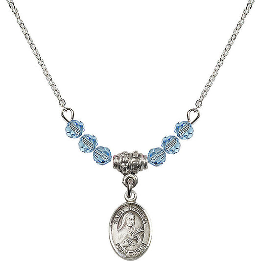 Sterling Silver Saint Theresa Birthstone Necklace with Aqua Beads - 9106