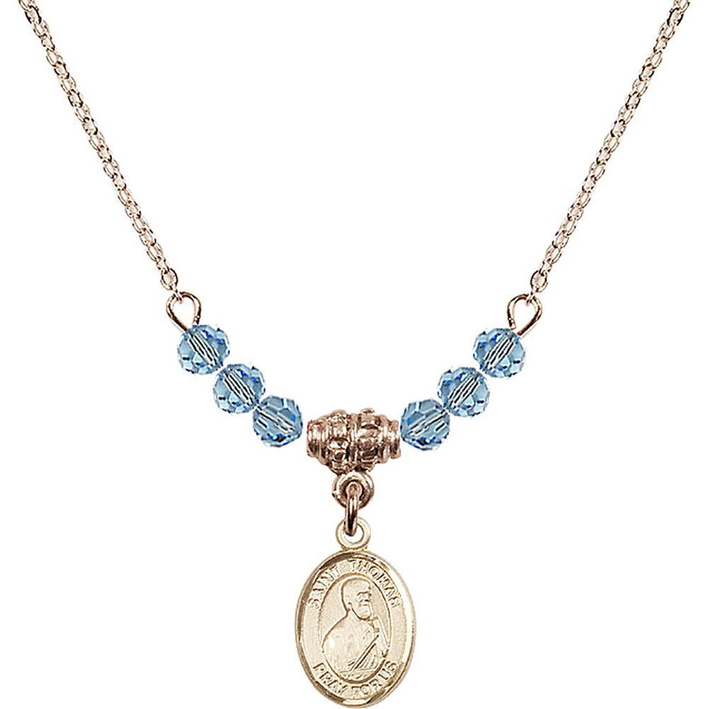 14kt Gold Filled Saint Thomas the Apostle Birthstone Necklace with Aqua Beads - 9107
