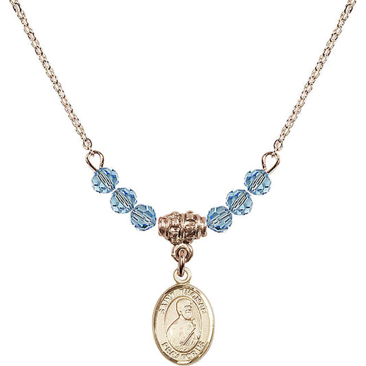 14kt Gold Filled Saint Thomas the Apostle Birthstone Necklace with Aqua Beads - 9107