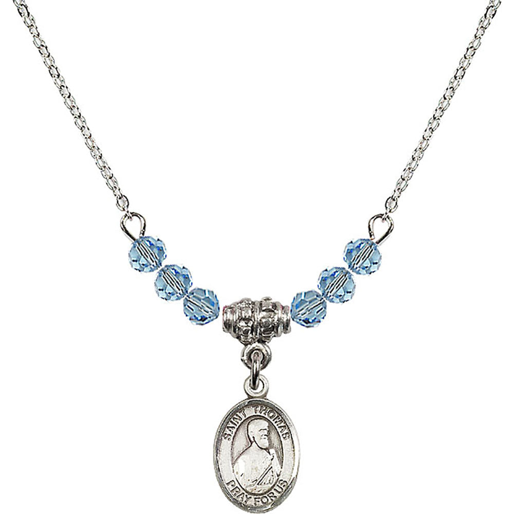 Sterling Silver Saint Thomas the Apostle Birthstone Necklace with Aqua Beads - 9107