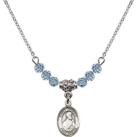 Sterling Silver Saint Thomas the Apostle Birthstone Necklace with Aqua Beads - 9107