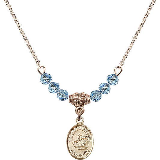 14kt Gold Filled Saint Thomas Aquinas Birthstone Necklace with Aqua Beads - 9108