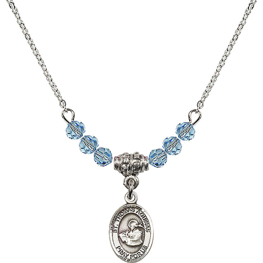 Sterling Silver Saint Thomas Aquinas Birthstone Necklace with Aqua Beads - 9108