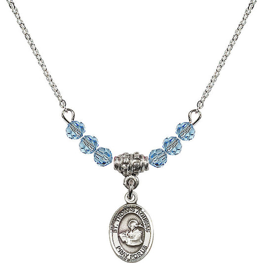 Sterling Silver Saint Thomas Aquinas Birthstone Necklace with Aqua Beads - 9108